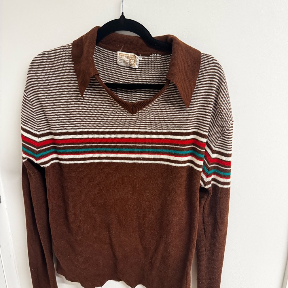 Men's Brown Striped Collar 70’s Style Sweater with Multi-Color Accents